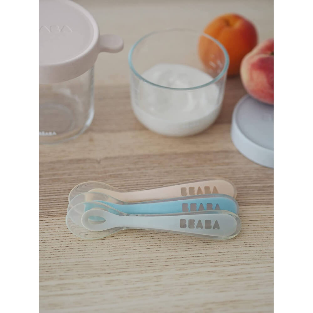 Beaba 2nd Stage Silicone Spoon - Set of 4, Baby Led Weaning Self Feeding Training Spoon with Ultra Soft Tip, Gum Friendly, Ergonomic Handles, BPA Free, 8m+