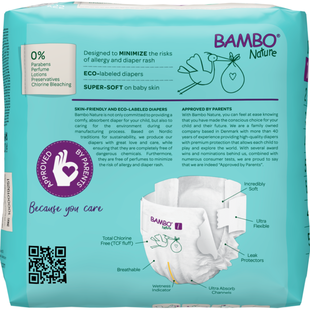 Bambo Nature Premium Baby Tape Diapers for New Born Baby, XS Size (2-4 Kgs) - Super Absorbent, Breathable, Extra Soft, Dermatologically Tested, Hypoallergenic Nappies With A Wetness Indicator, 22 Count