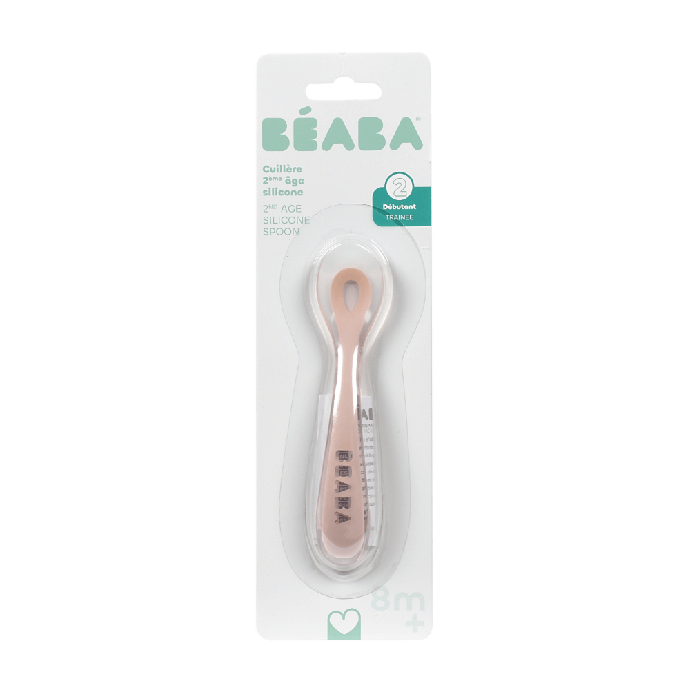 Beaba 2nd Stage Silicone Spoon - Baby Led Weaning Self Feeding Training Spoon with Ultra Soft Tip, Gum Friendly, Ergonomic Handles, BPA Free, 8m+