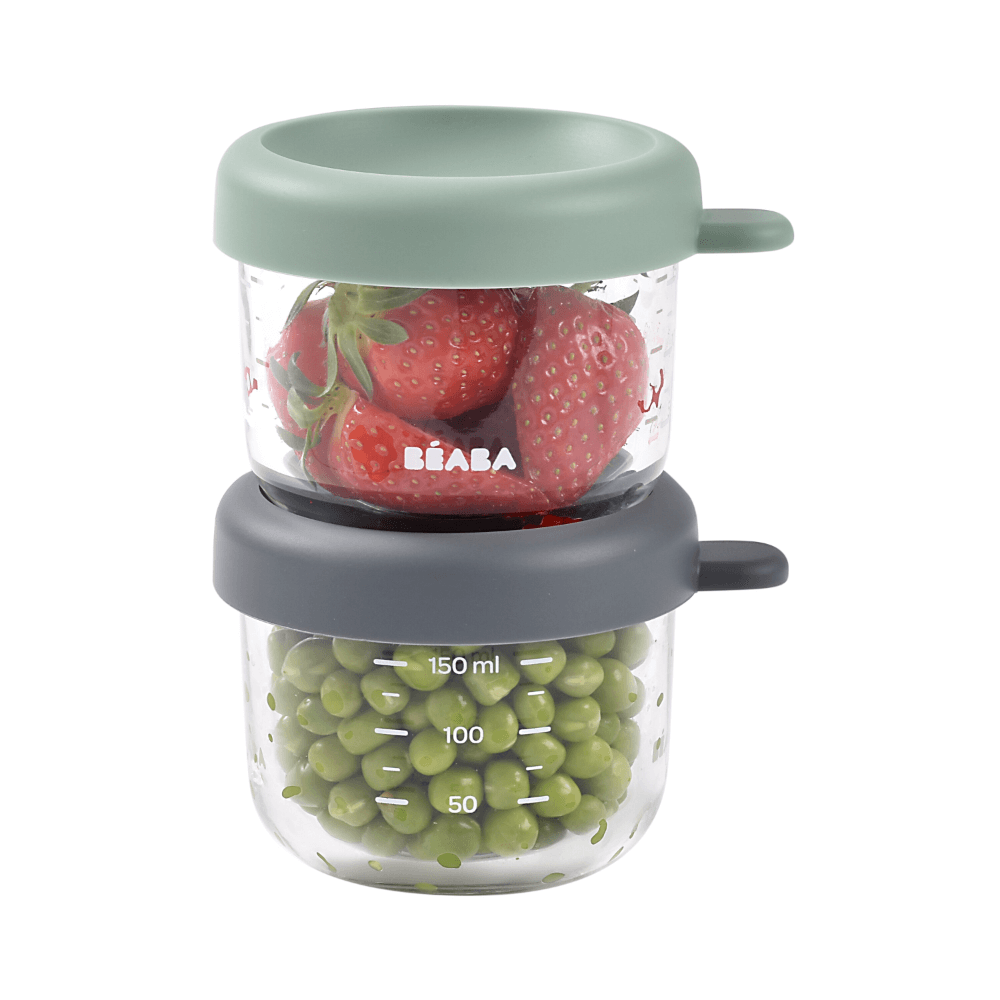 Beaba Glass Storage Jar - Airtight Container for Storing Baby Snacks and Meals with Graduation Measuring Scale, Heat, Freeze, Sterilization and Microwave Safe, 150ML, Set of 2, Sage Green & Mineral