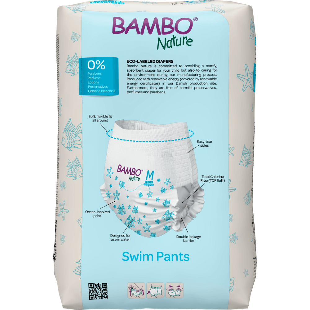 Bambo Nature Premium Disposable Swim Diaper Pants - Double Leak Barriers, Soft 360° Elastic Fit, Chemical Free & Leakproof Pool Diapers For Babies, Waterproof Toddler Swimming Swimsuit, Kids 12+ kg, 12 Count