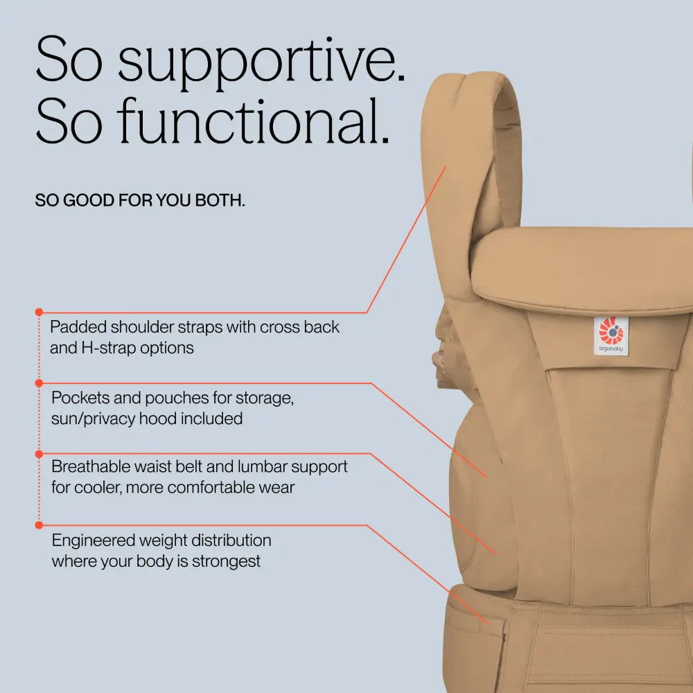 Ergobaby Omni Deluxe Baby Carrier, Lightweight Breathable Soft Mesh, Enhanced Lumbar Support, Adjustable Waistbelt & Cross Straps, Privacy Hood, 4 Carry Positions, 6 Storage Pockets, 3-20Kgs, 0-4 years, Camel