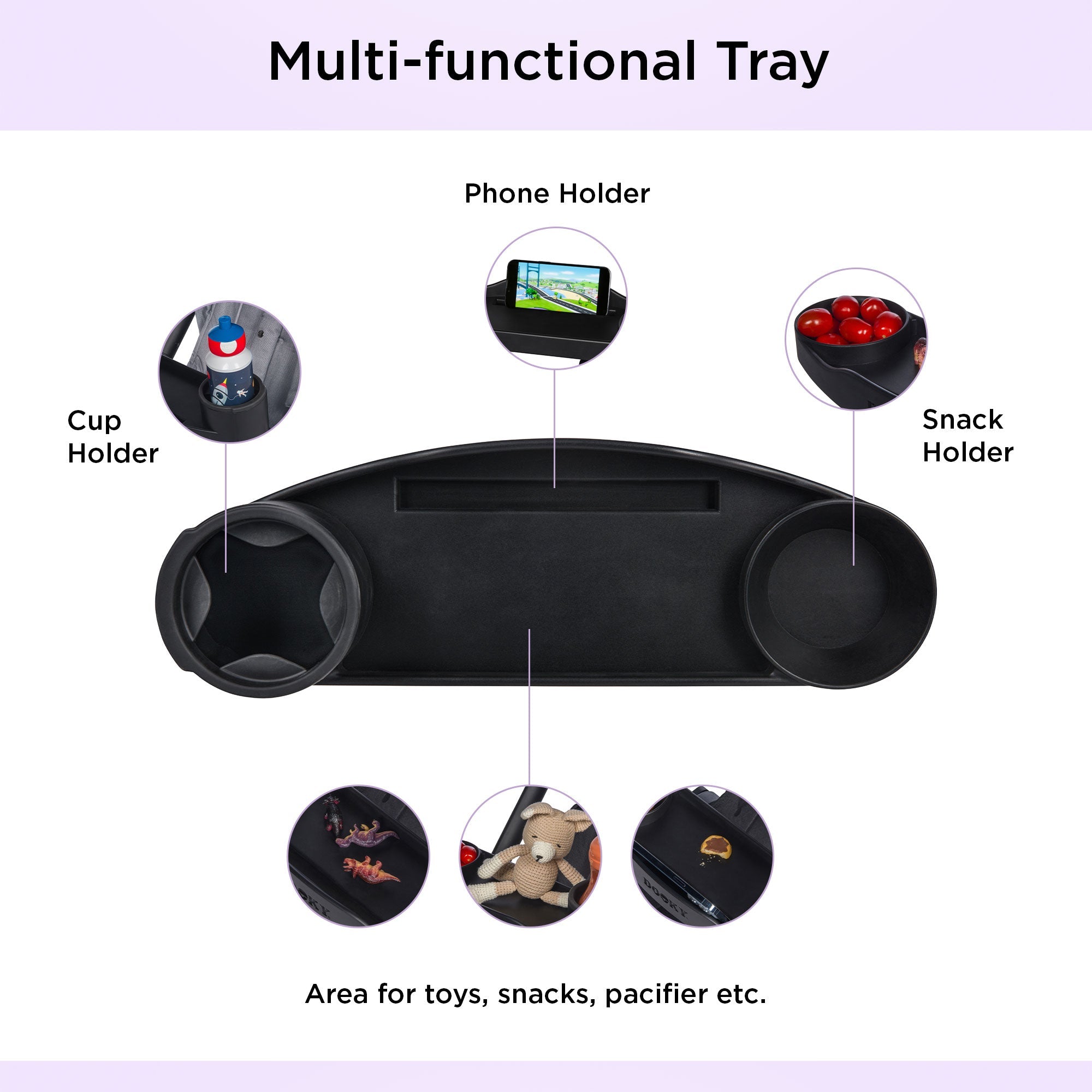 Dooky Stroller Snack Tray with Cup Holder & Phone Holder , Universal Baby Stroller Activity Tray , Food & Toy Organizer for Kids Travel (Black)