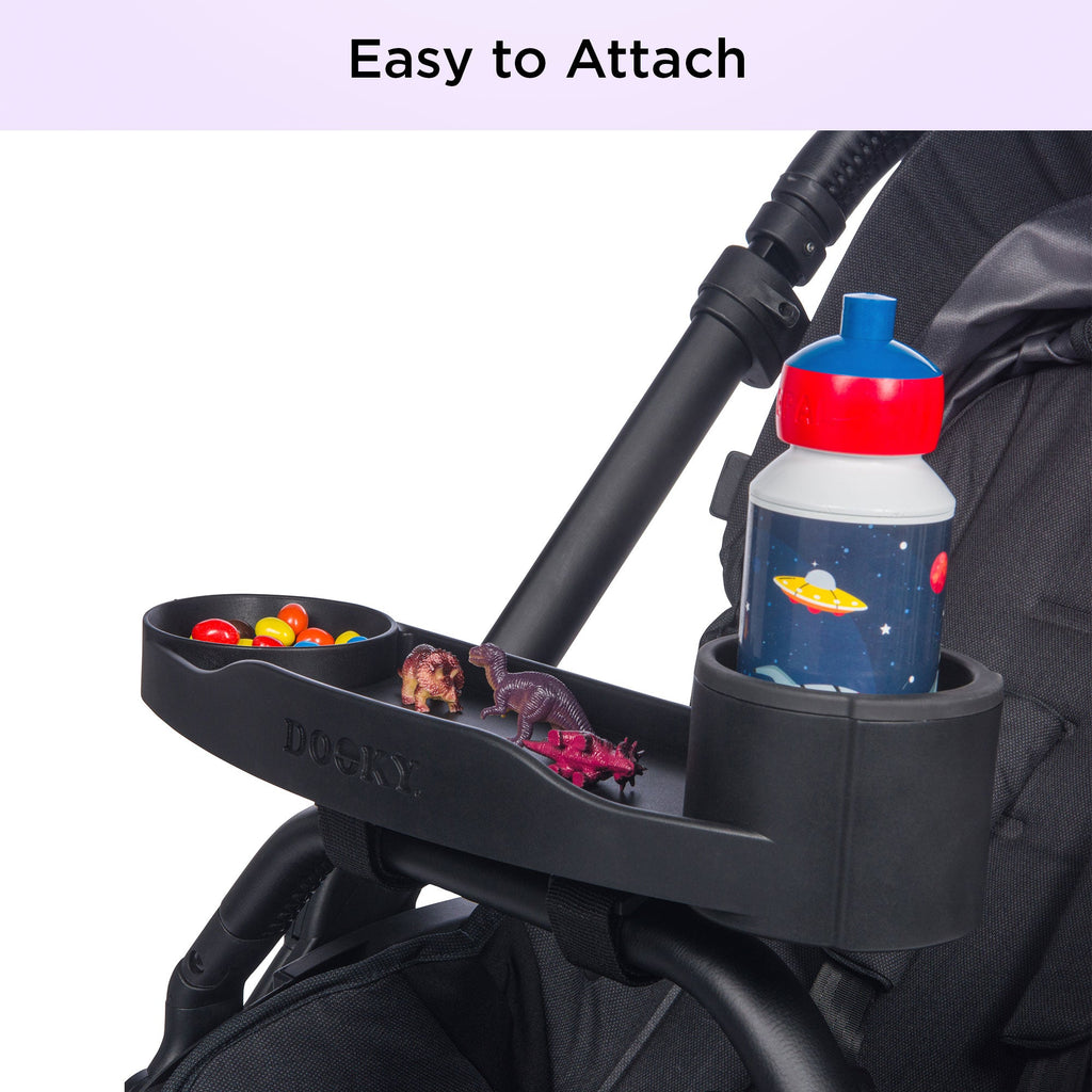 Dooky Stroller Snack Tray with Cup Holder & Phone Holder , Universal Baby Stroller Activity Tray , Food & Toy Organizer for Kids Travel (Black)