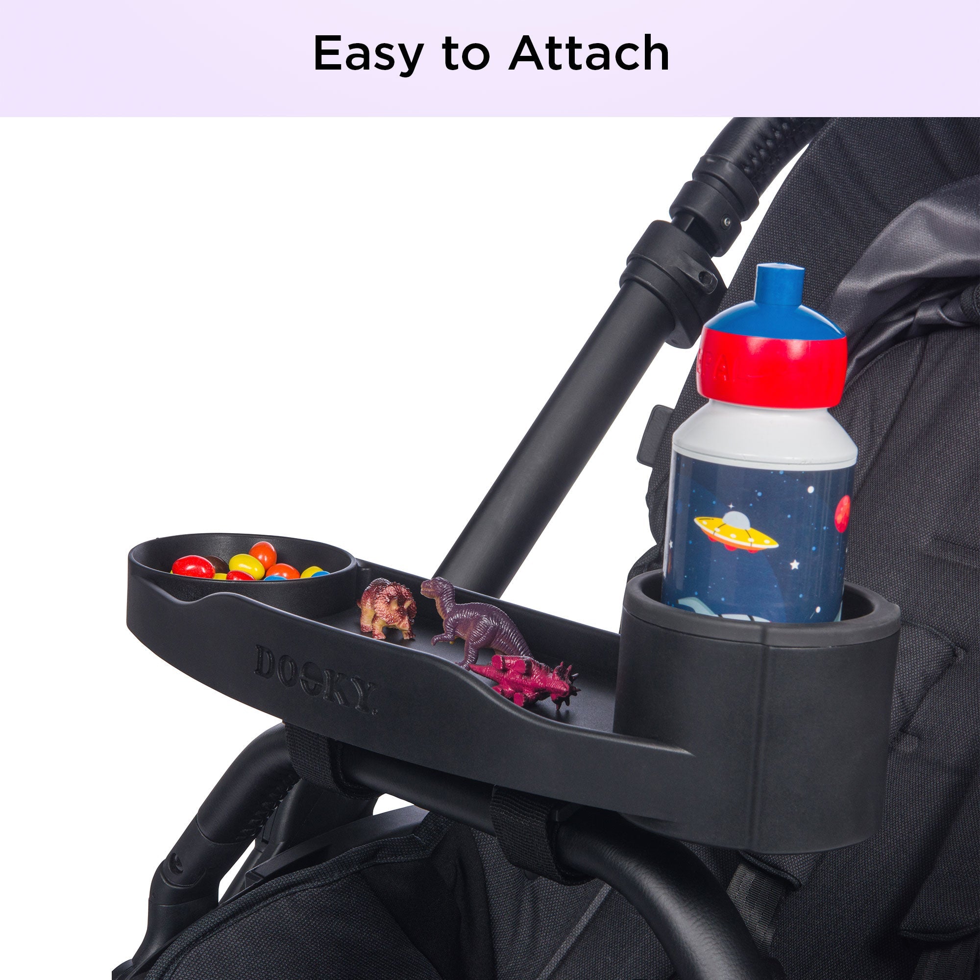 Dooky Stroller Snack Tray with Cup Holder & Phone Holder , Universal Baby Stroller Activity Tray , Food & Toy Organizer for Kids Travel (Black)