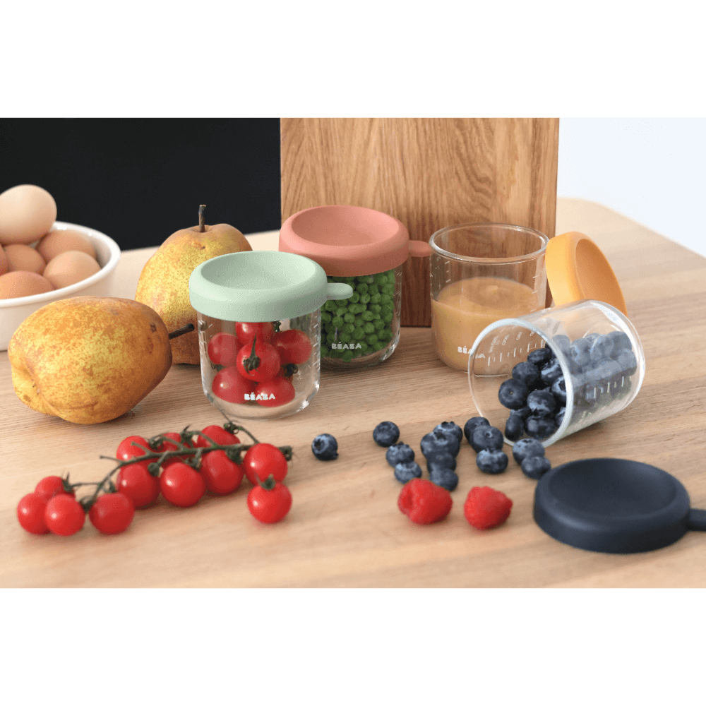 Beaba Glass Storage Container - Ideal Airtight Container for Storing Baby Snacks and Meals with Graduation Measuring Scale, Heat, Freeze, Sterilization, and Microwave Safe, 250ML, Set of 4, Sunrise
