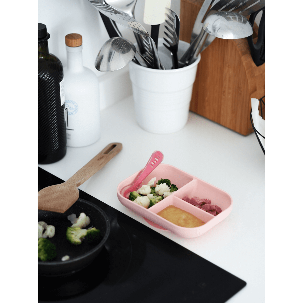 Beaba Silicone 2 Piece Meal Set – Suction Divided Plate & 2nd Stage Silicone Spoon, Non-Slip, Unbreakable, Easy to Clean, BPA-Free Baby Feeding Set for Mess-Free Mealtime Essentials, 4M+