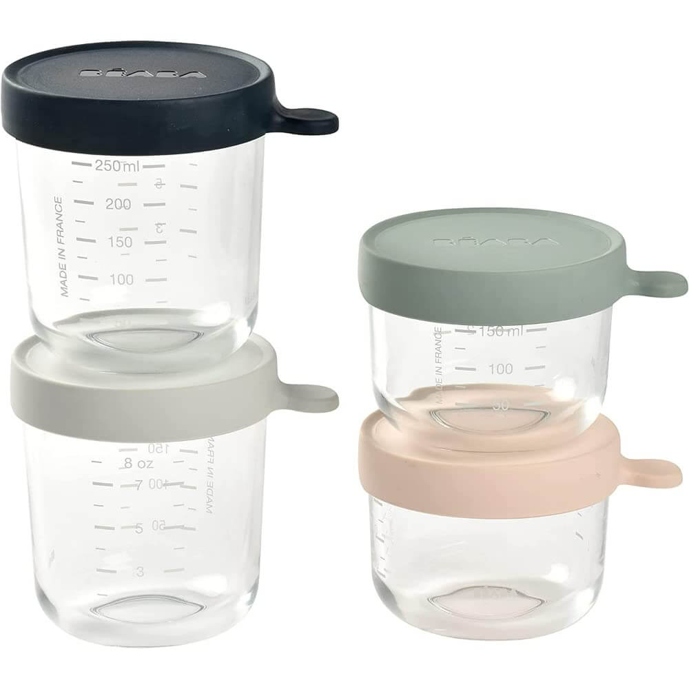 Beaba Glass Storage Container - Ideal Airtight Container for Storing Baby Snacks and Meals with Graduation Measuring Scale, Heat, Freeze, Sterilization, and Microwave Safe, 150ML*2 and 250ML*2, Set of 4