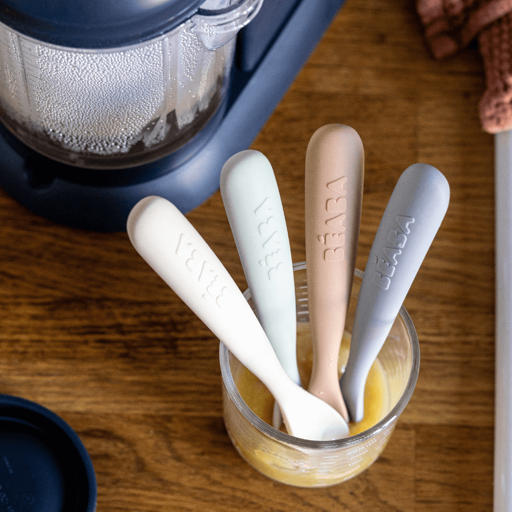 Beaba 1st Stage Silicone Spoon - Set of 4, Baby Led Weaning Self Feeding Training Spoon with Ultra Soft Tip, Gum Friendly, Ergonomic Handles, BPA Free, Natural, 4m+