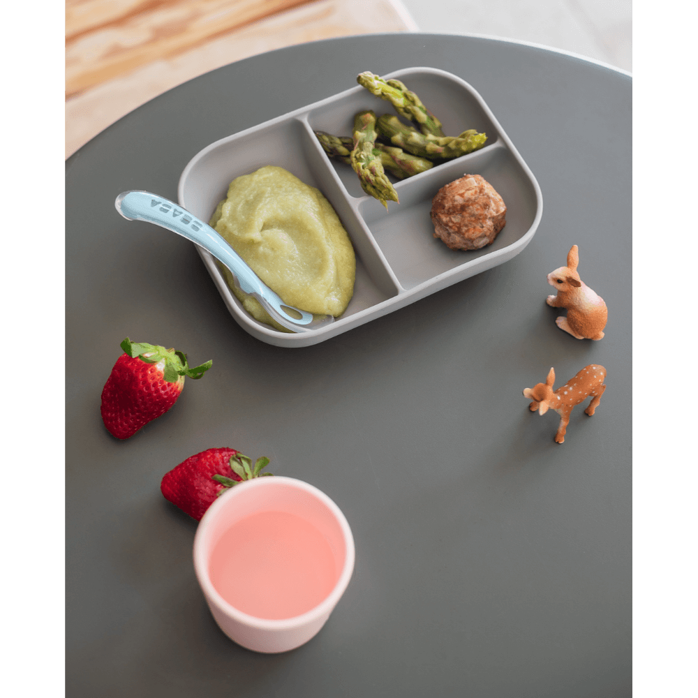 Beaba Silicone 2 Piece Meal Set – Suction Divided Plate & 2nd Stage Silicone Spoon, Non-Slip, Unbreakable, Easy to Clean, BPA-Free Baby Feeding Set for Mess-Free Mealtime Essentials, 4M+
