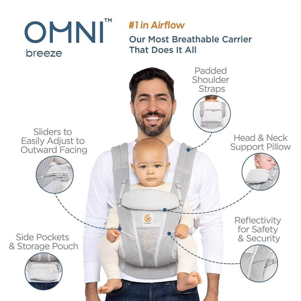 Ergobaby Omni Breeze Baby Carrier - Lightweight Newborn to Toddler Carrier with Breathable Soft Mesh, Enhanced Lumbar Support,  Adjustable Waistbelt & Cross Straps, Privacy Hood, 4 Carry Positions, 3-20Kgs, Birth - 4 Years