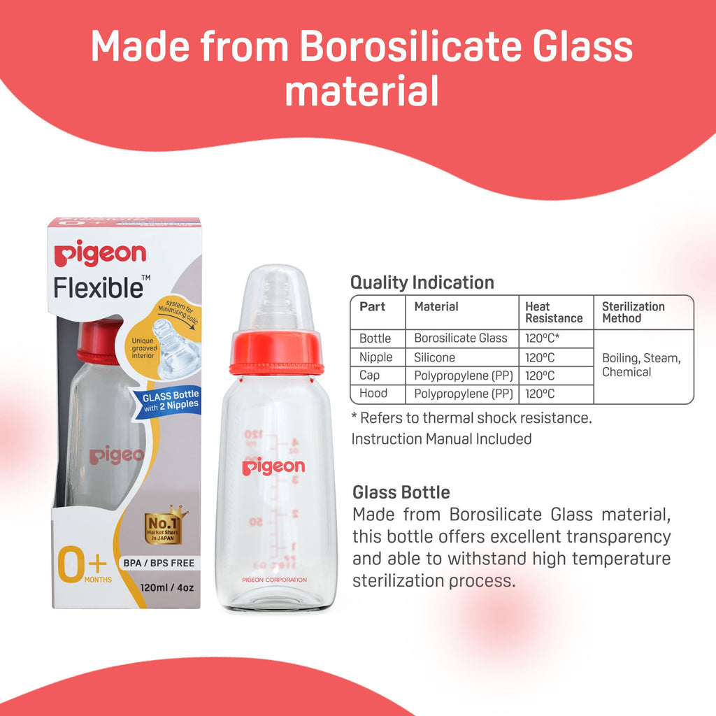 Glass Feeding Bottle 120ml with Add Nipple S