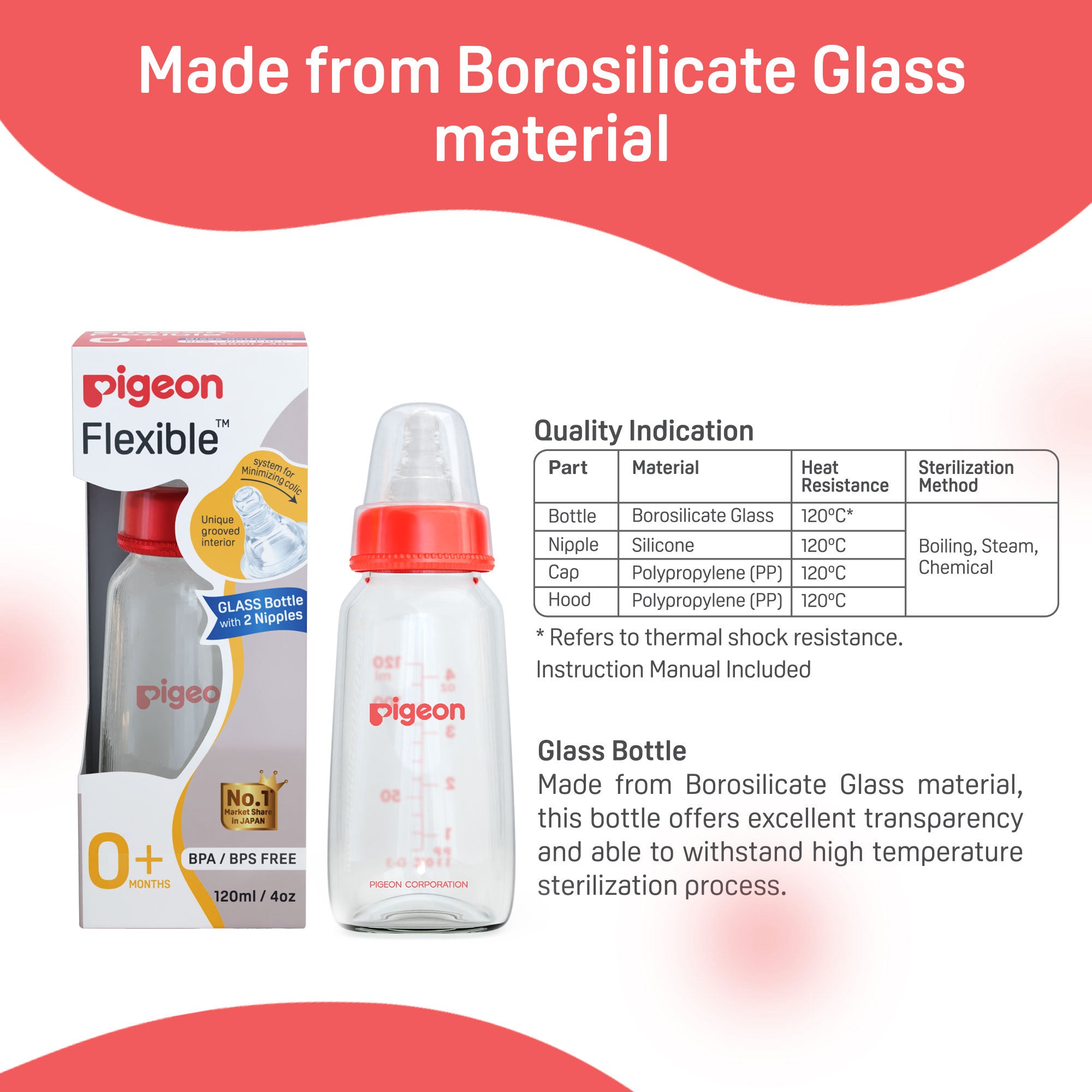Glass Feeding Bottle 120ml with Add Nipple S