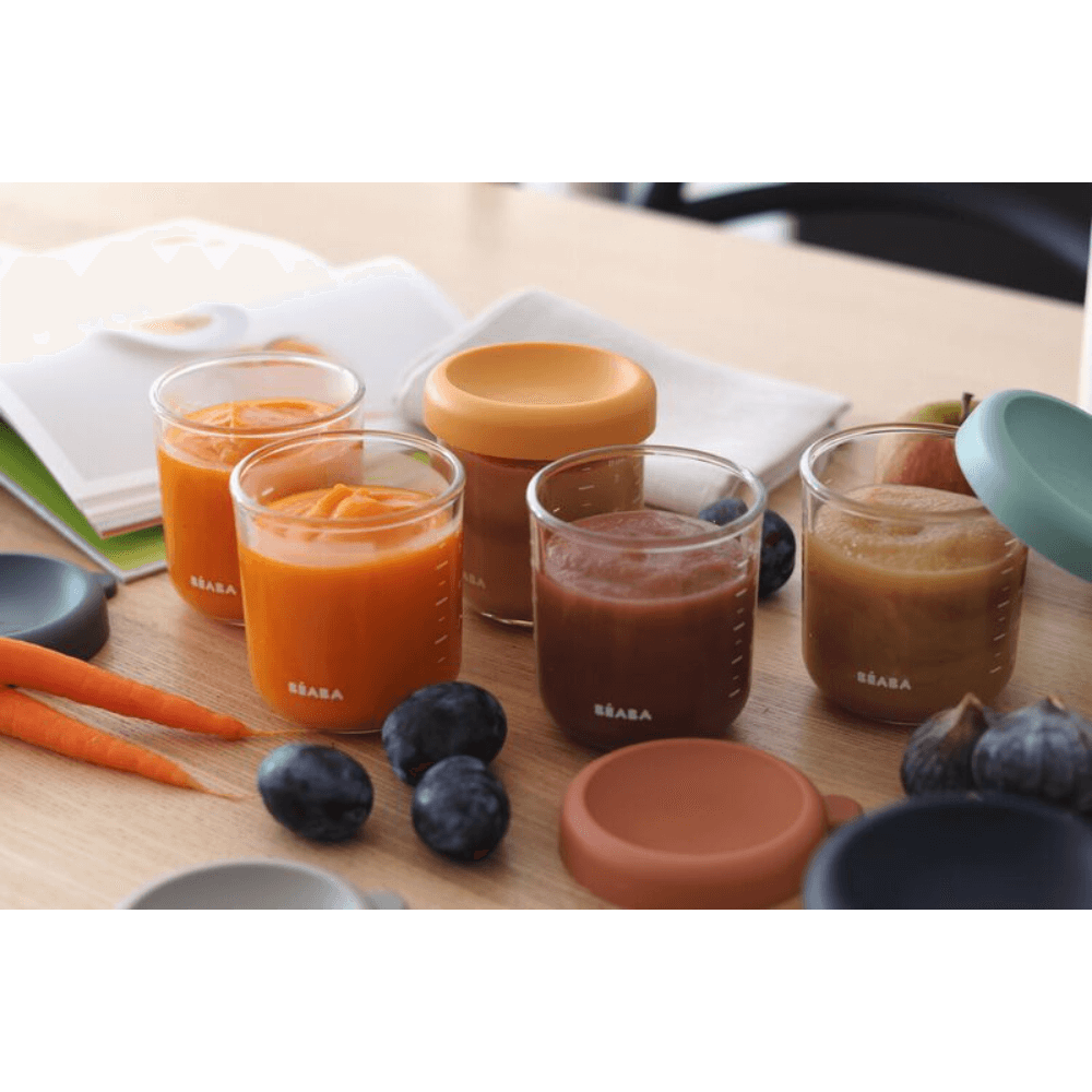 Beaba Glass Storage Container - Ideal Airtight Container for Storing Baby Snacks and Meals with Graduation Measuring Scale, Heat, Freeze, Sterilization, and Microwave Safe, 250ML, Set of 6
