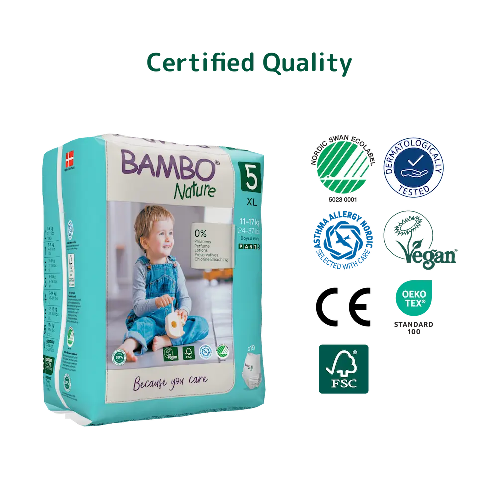 Bambo Nature Premium Baby Pants Diapers for Babies, XL Size (11-17 Kgs), Super Absorbent, Breathable, Extra Soft, Dermatologically Tested, Hypoallergenic Infant Nappies With Wetness Indicator