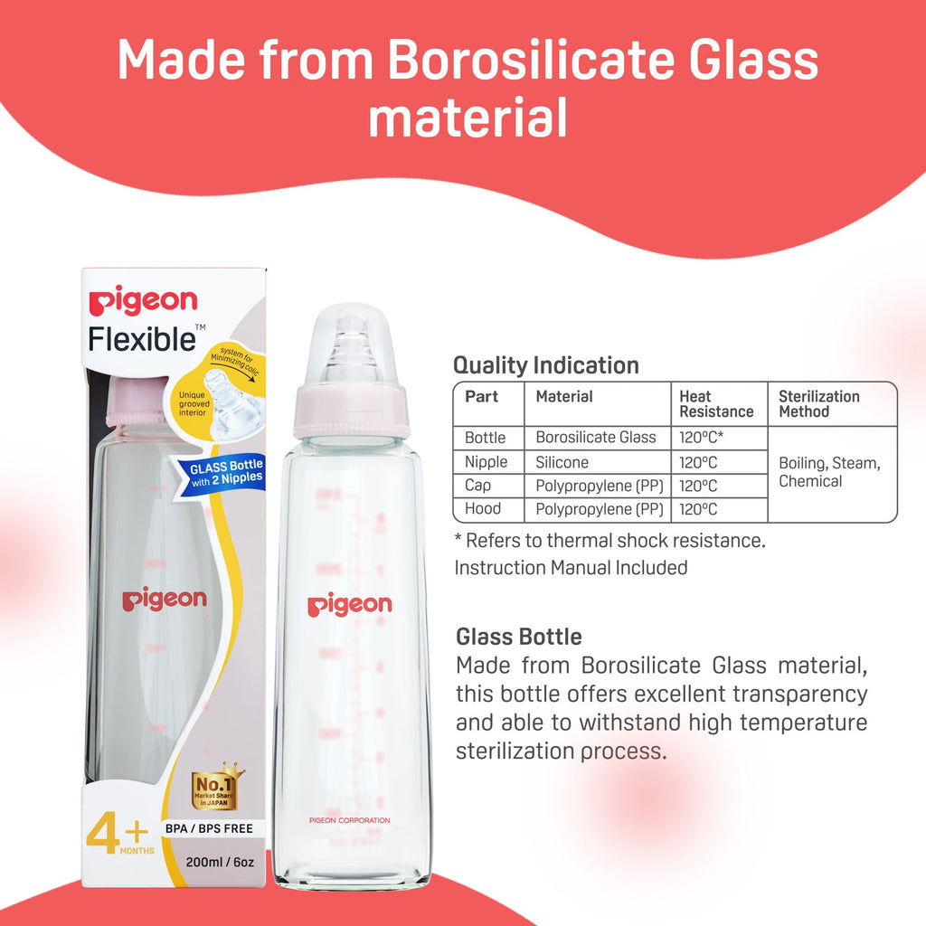 Glass Feeding Bottle 200ml with Add Nipple M