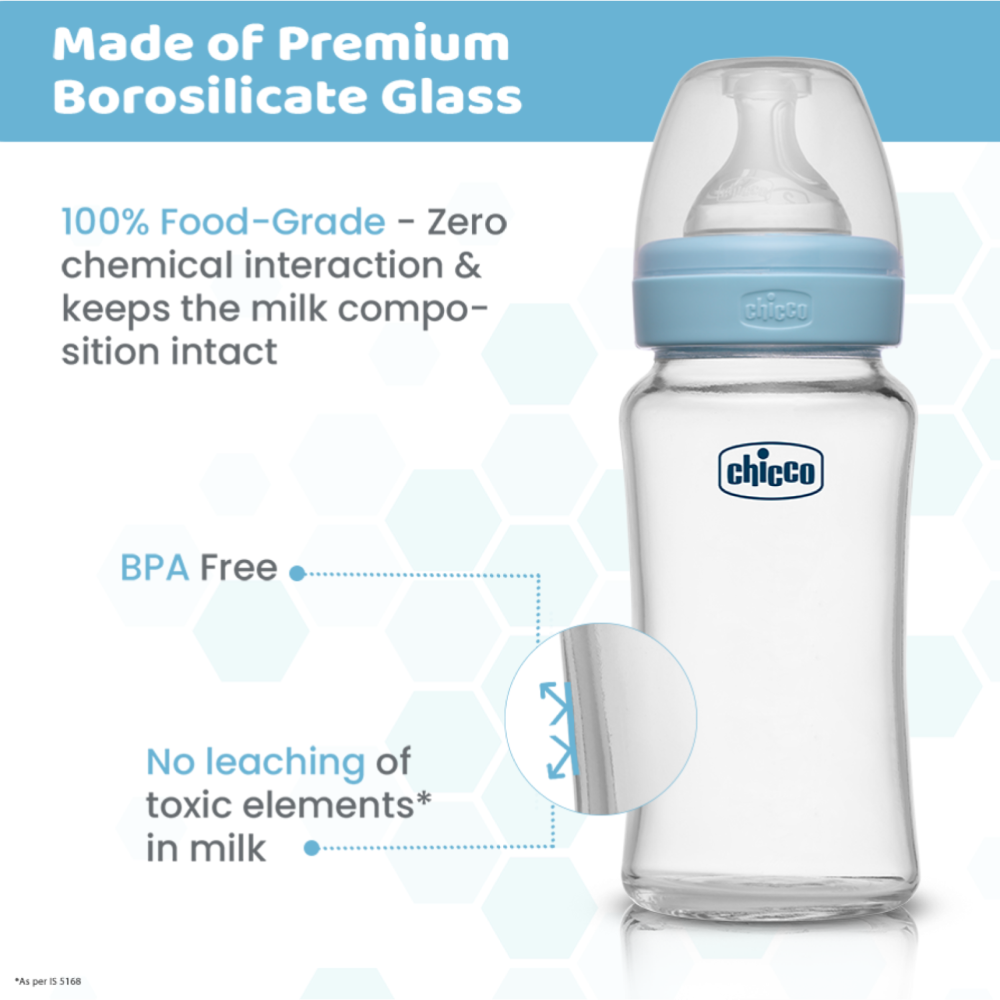 Chicco Well-Being Glass Feeding Bottle (240ml, Medium Flow) - Blue