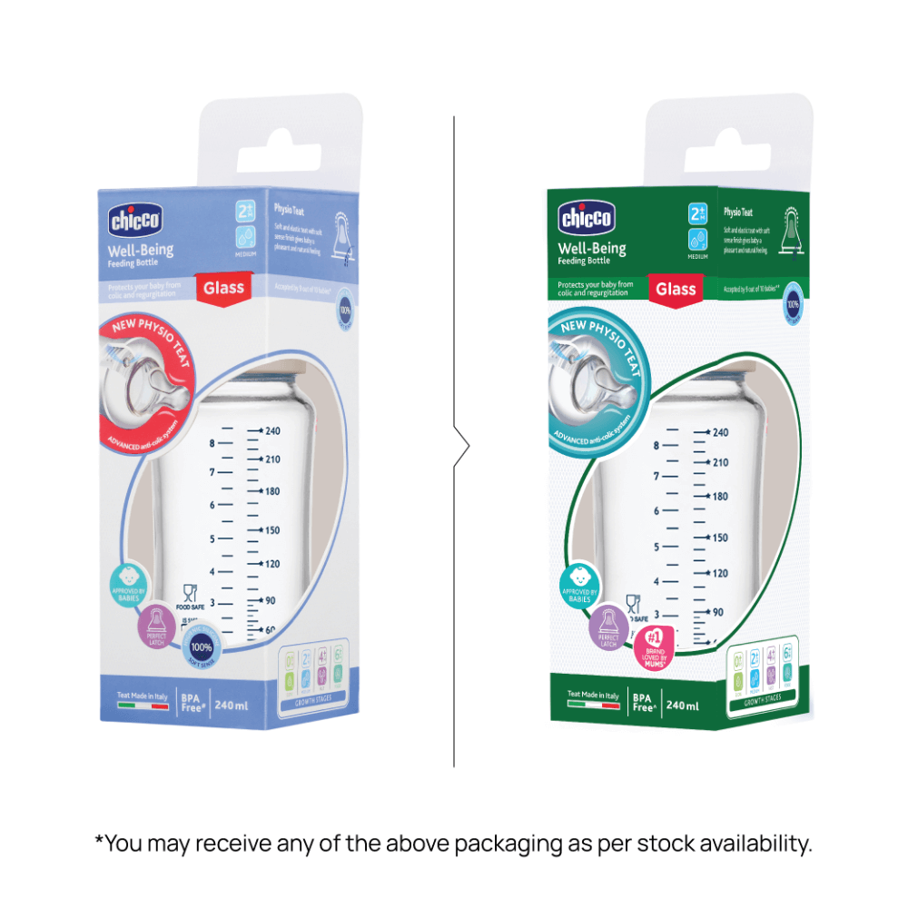 Chicco Well-Being Glass Feeding Bottle (240ml, Medium Flow) - Neutral