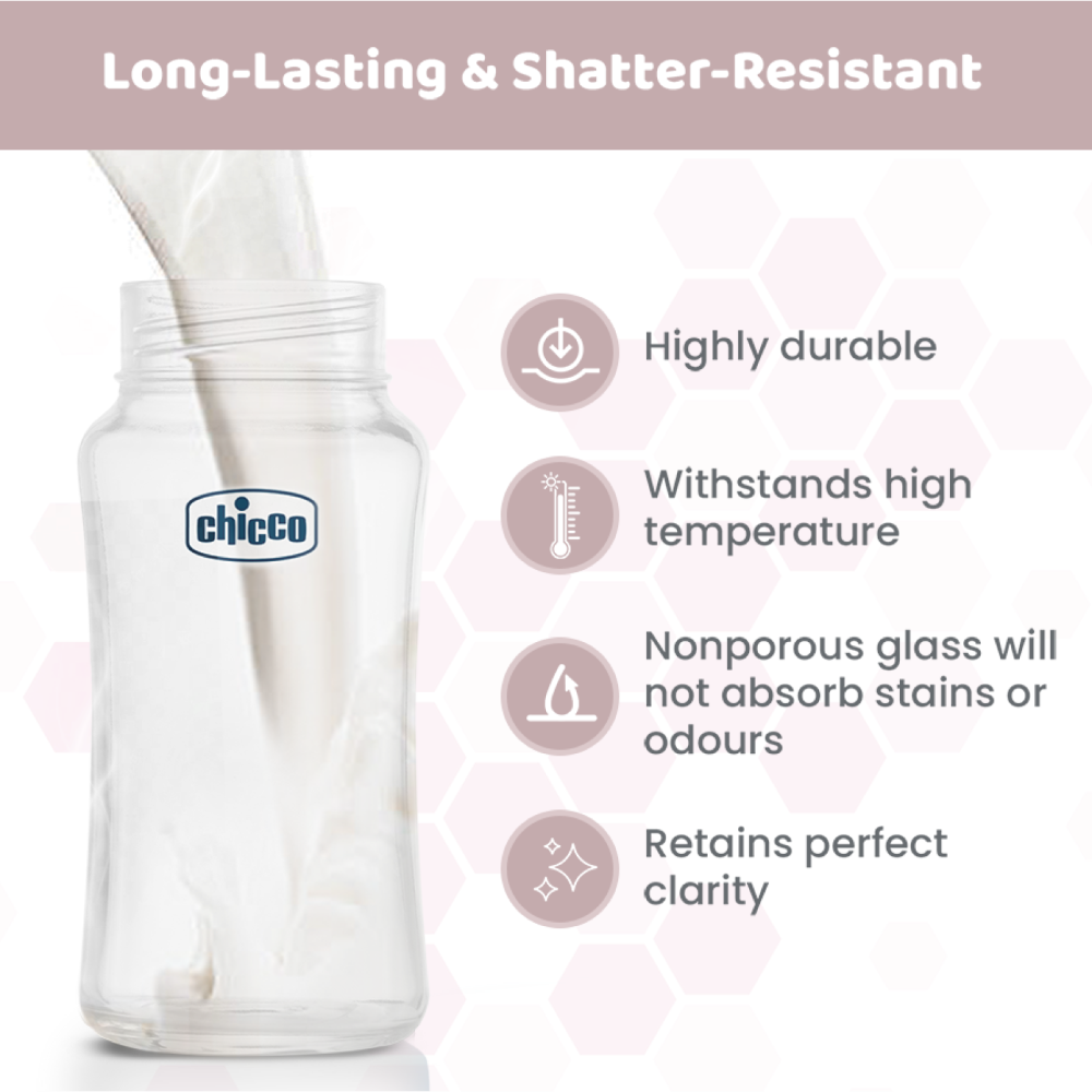Chicco Well-Being Glass Feeding Bottle (240ml, Medium Flow) - Neutral
