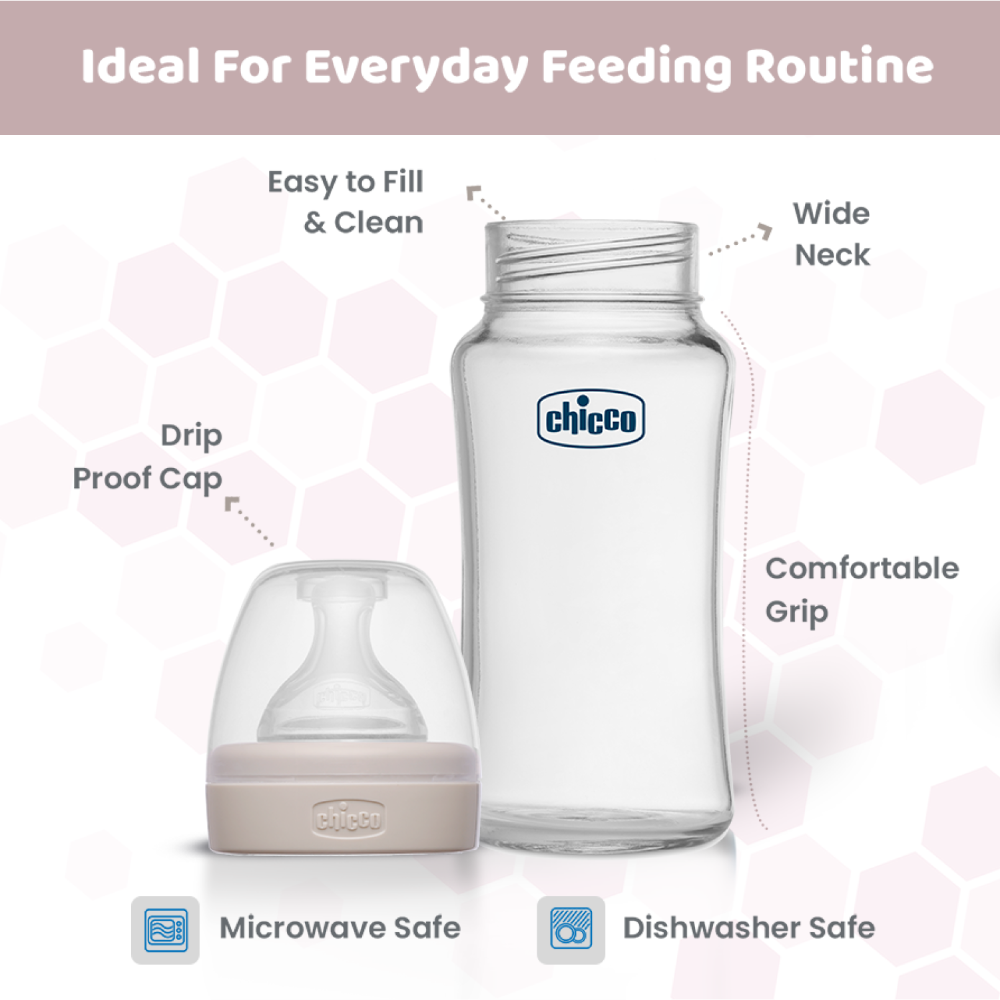 Chicco Well-Being Glass Feeding Bottle (240ml, Medium Flow) - Neutral