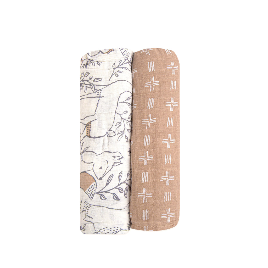 Crane Baby Muslin Swaddle Set of 2 - Ezra Animal & Copper Dash