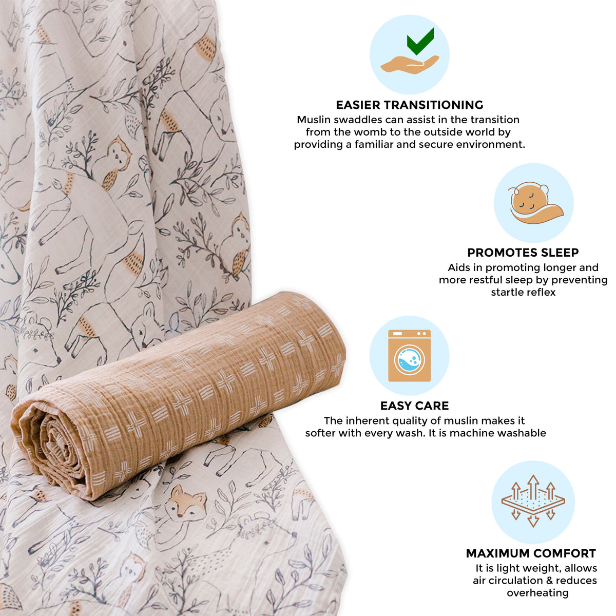Crane Baby Muslin Swaddle Set of 2 - Ezra Animal & Copper Dash