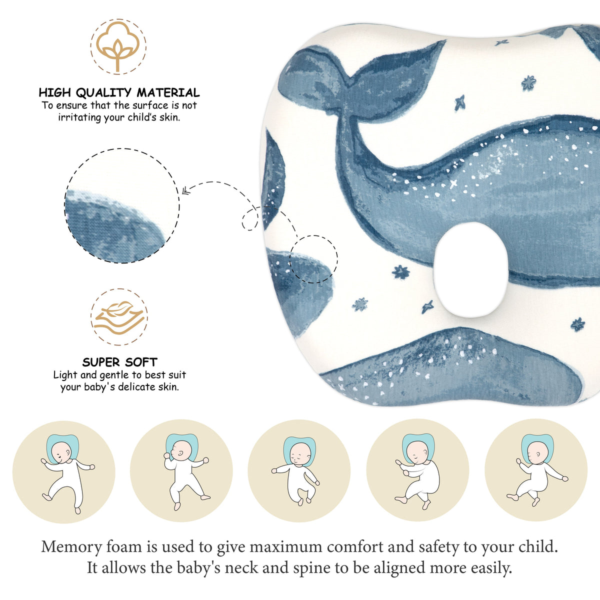 Crane Baby Memory Foam Pillow - Caspian Whale