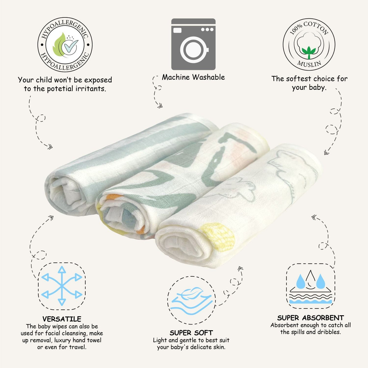 Abracadabra Muslin Wipes (Set of 3) - Hot Air Balloon