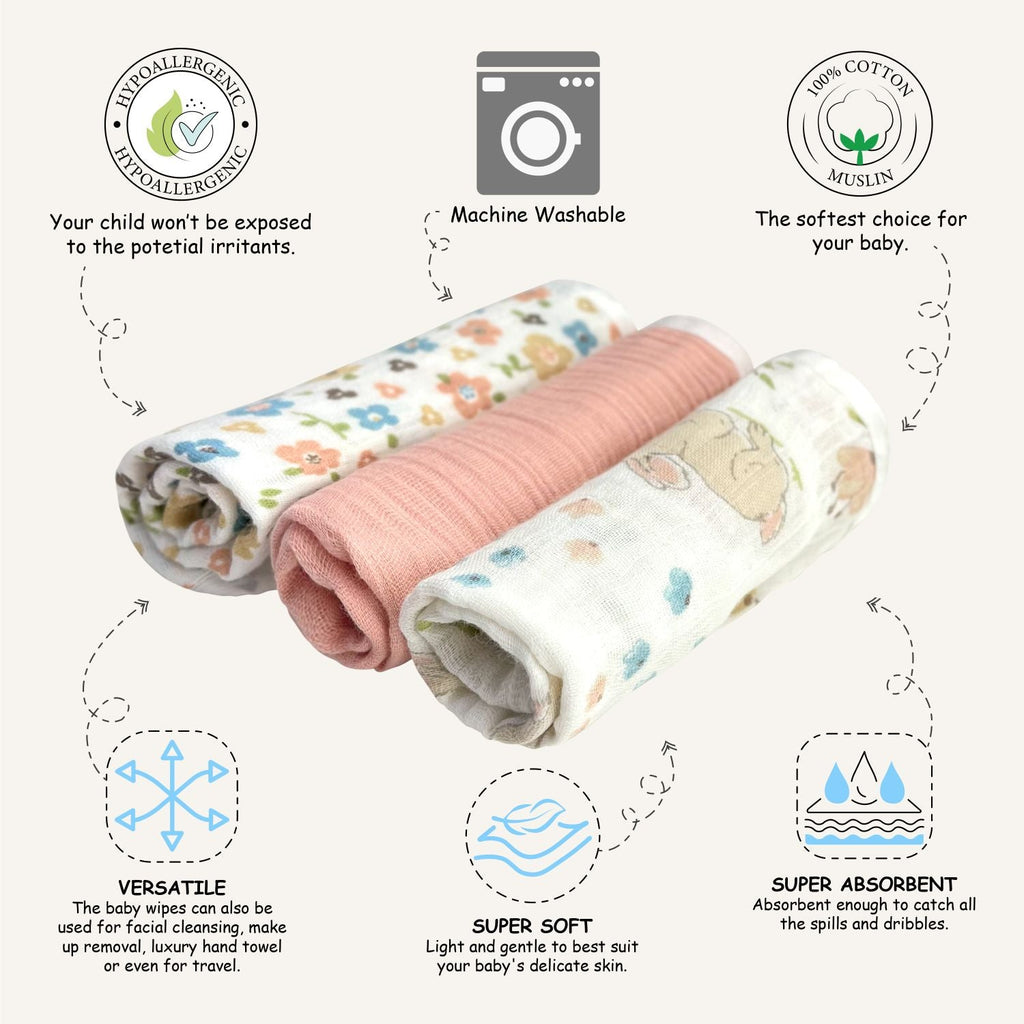 Abracadabra Muslin Wipes (Set of 3) - Bunny Garden