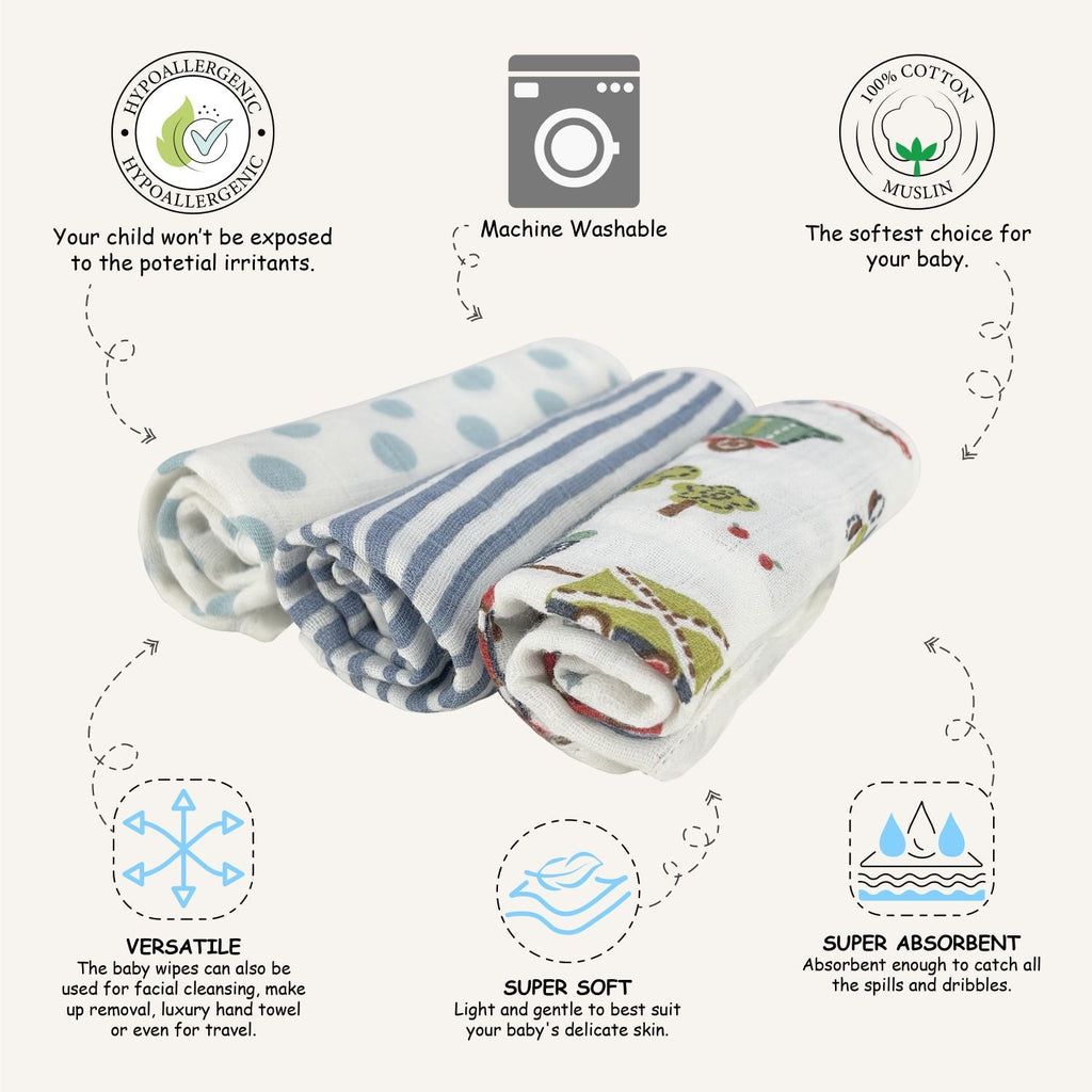 Abracadabra Muslin Wipes (Set of 3) - Transport
