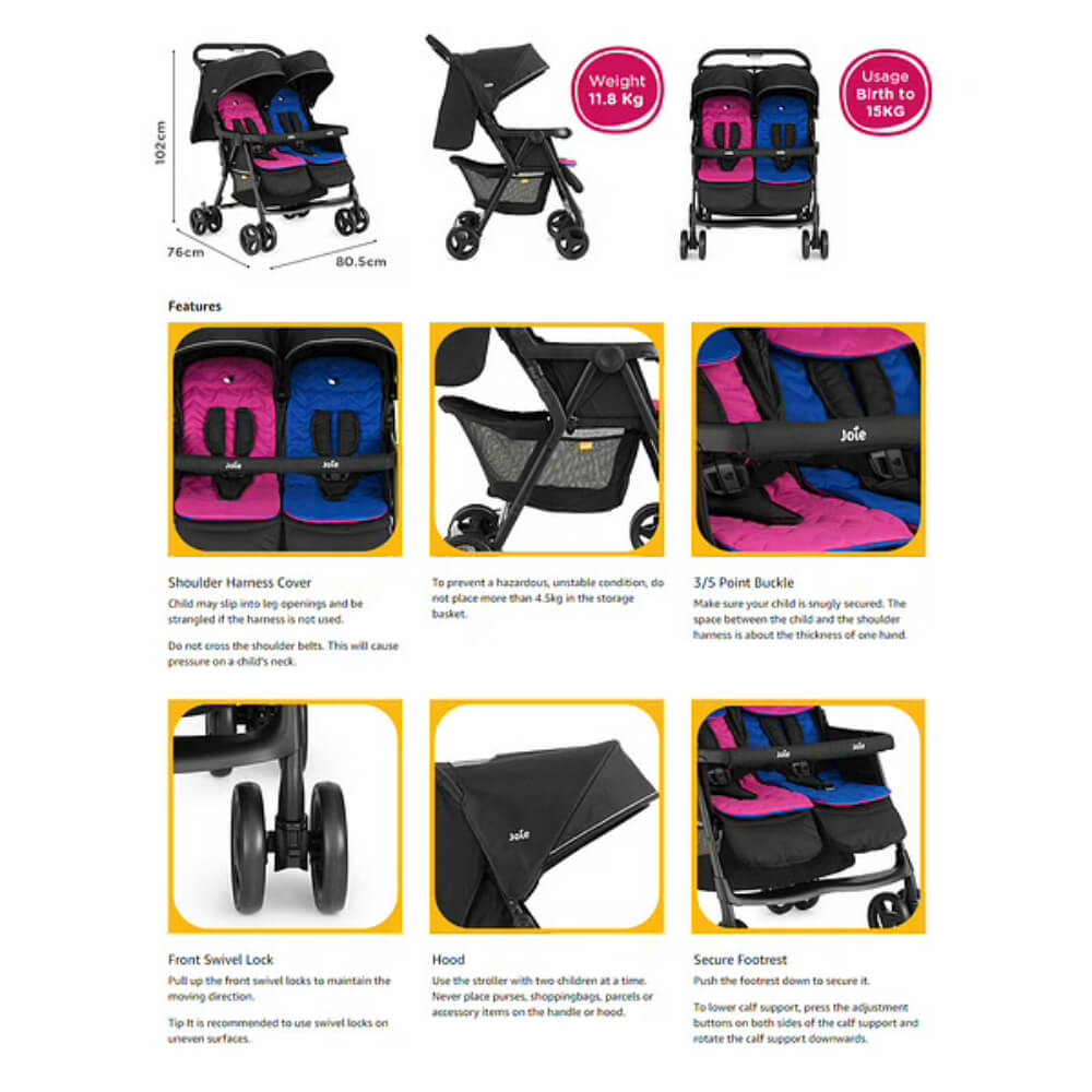 Joie Aire Twin Stroller with Rain Cover - Rosy & Sea