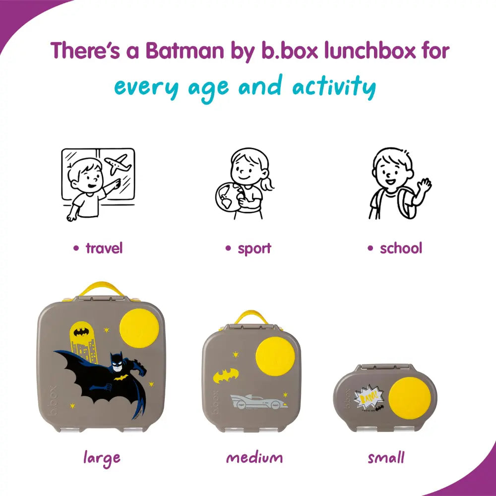 B.Box Warner Bros Batman Mini Lunchbox for Kids – 1L Capacity, Adjustable Divider, Flexi Fruit Holder, BPA-Free – Multicolor