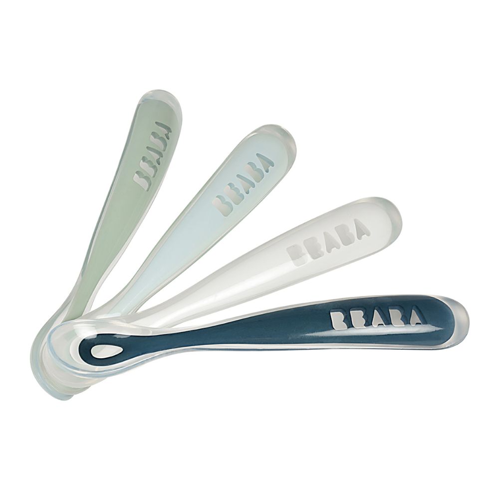 Beaba 1st Stage Silicone Spoon - Set of 4, Baby Led Weaning Self Feeding Training Spoon with Ultra Soft Tip, Gum Friendly, Ergonomic Handles, BPA Free, 4m+