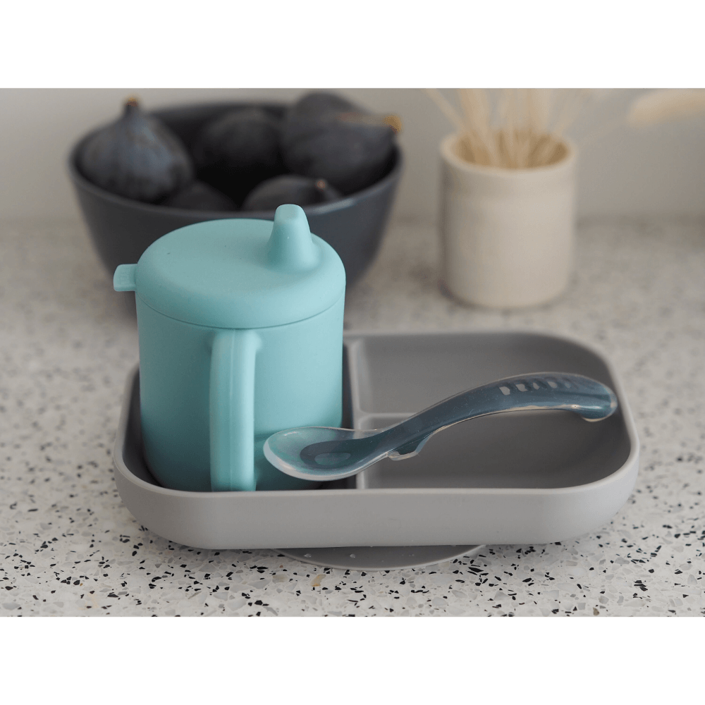 Beaba Silicone 3 Piece Learning Set – Suction Divided Plate, Silicone Learning Cup & 2nd Stage Spoon, Non-Slip, Unbreakable, Easy to Clean, BPA-Free Baby Feeding Set for Mess-Free Mealtime Essentials, 4M+