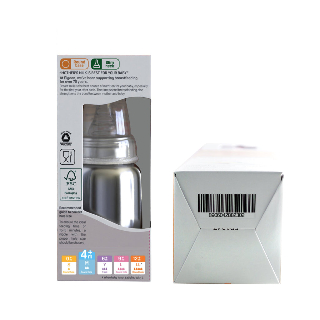 Pigeon Slim Neck steel bottle 140ml M size with plastic hood & cap (natural)