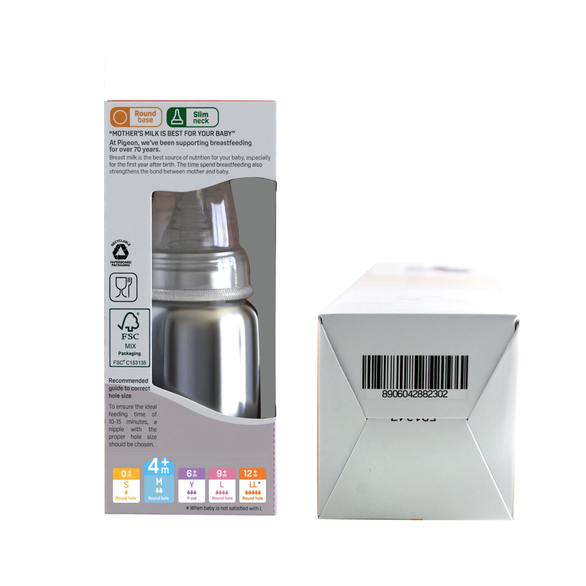 Pigeon Slim Neck steel bottle 140ml M size with plastic hood & cap (natural)