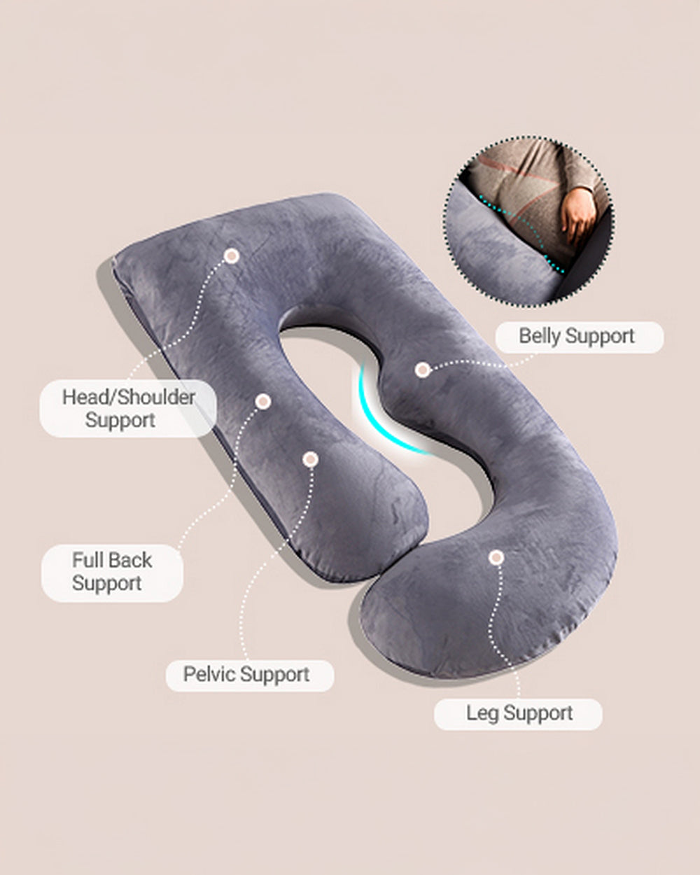 Momcozy G shaped Pregnancy Pillow-Full Body-Grey-Velvet-Removable & Washable Cover-For Maternity