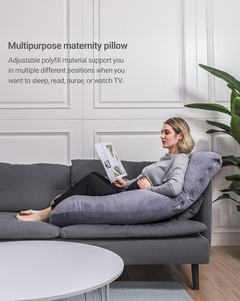 Momcozy G shaped Pregnancy Pillow-Full Body-Grey-Velvet-Removable & Washable Cover-For Maternity