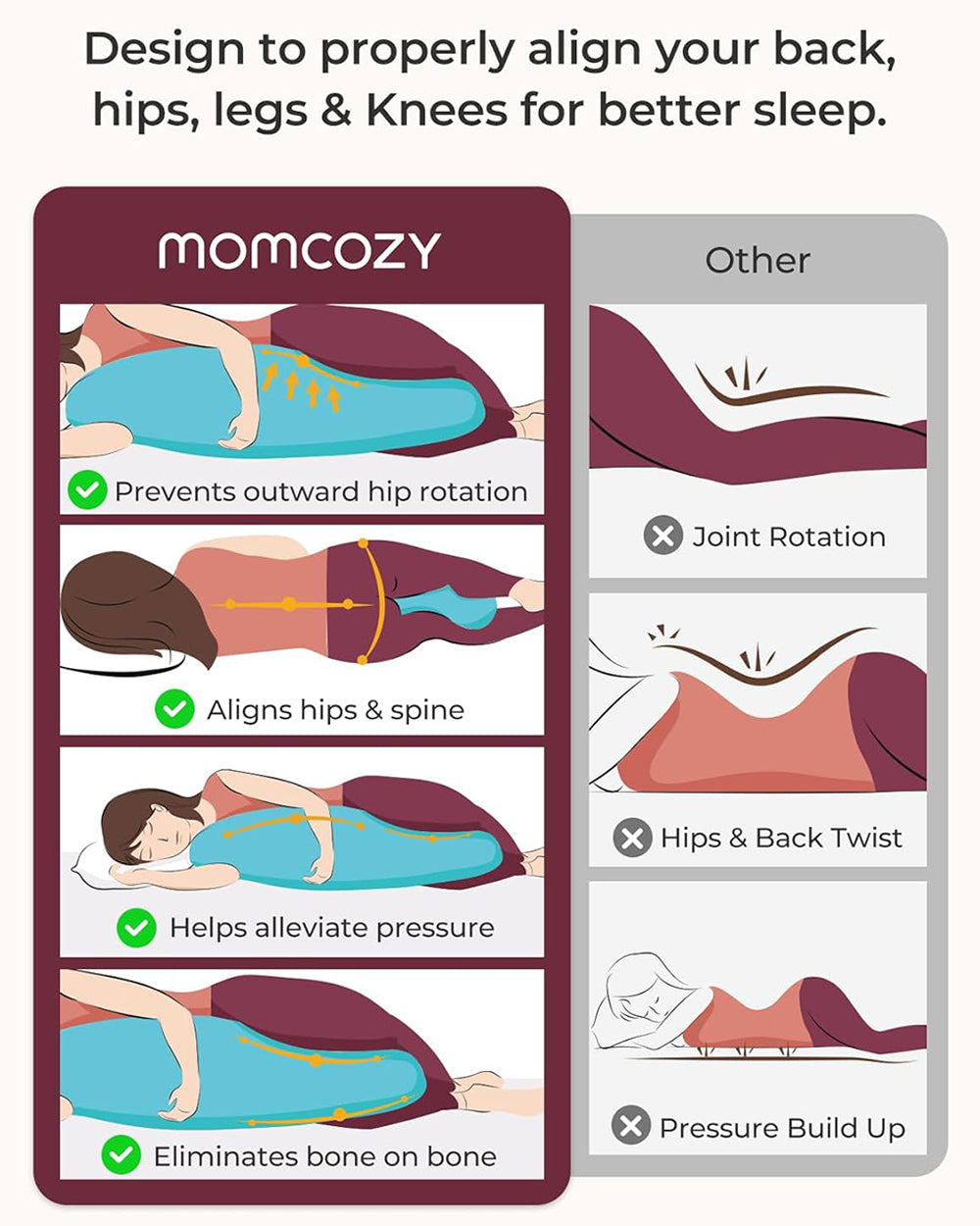 Momcozy J shaped Pregnancy Pillow-Full Body-Grey-Removable & Washable Jersey Cover-For Maternity