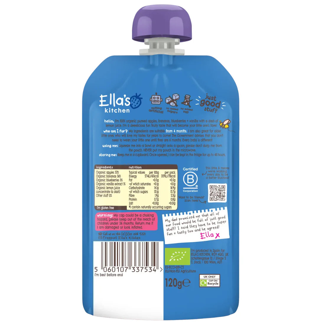 Ella's Kitchen Puree Blueberries, Apples + Bananas with Vanilla (120g)