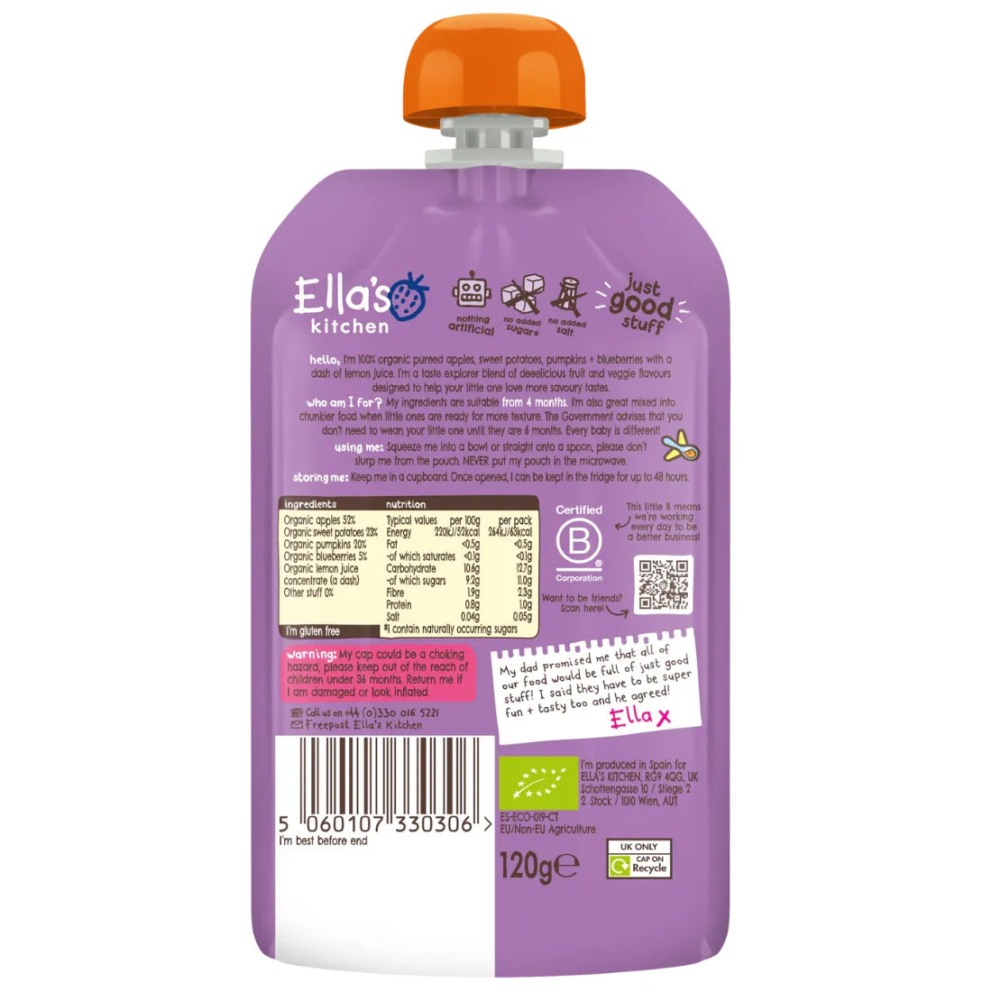 Ella's Kitchen Puree Sweet Potatoes, Pumpkins, Apples + Blueberries (120g)