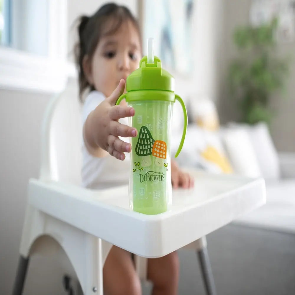 Dr. Brown's 10 oz/300 mL Insulated Straw Cup w/ Handles, Green Mushrooms (12m+), 1-Pack