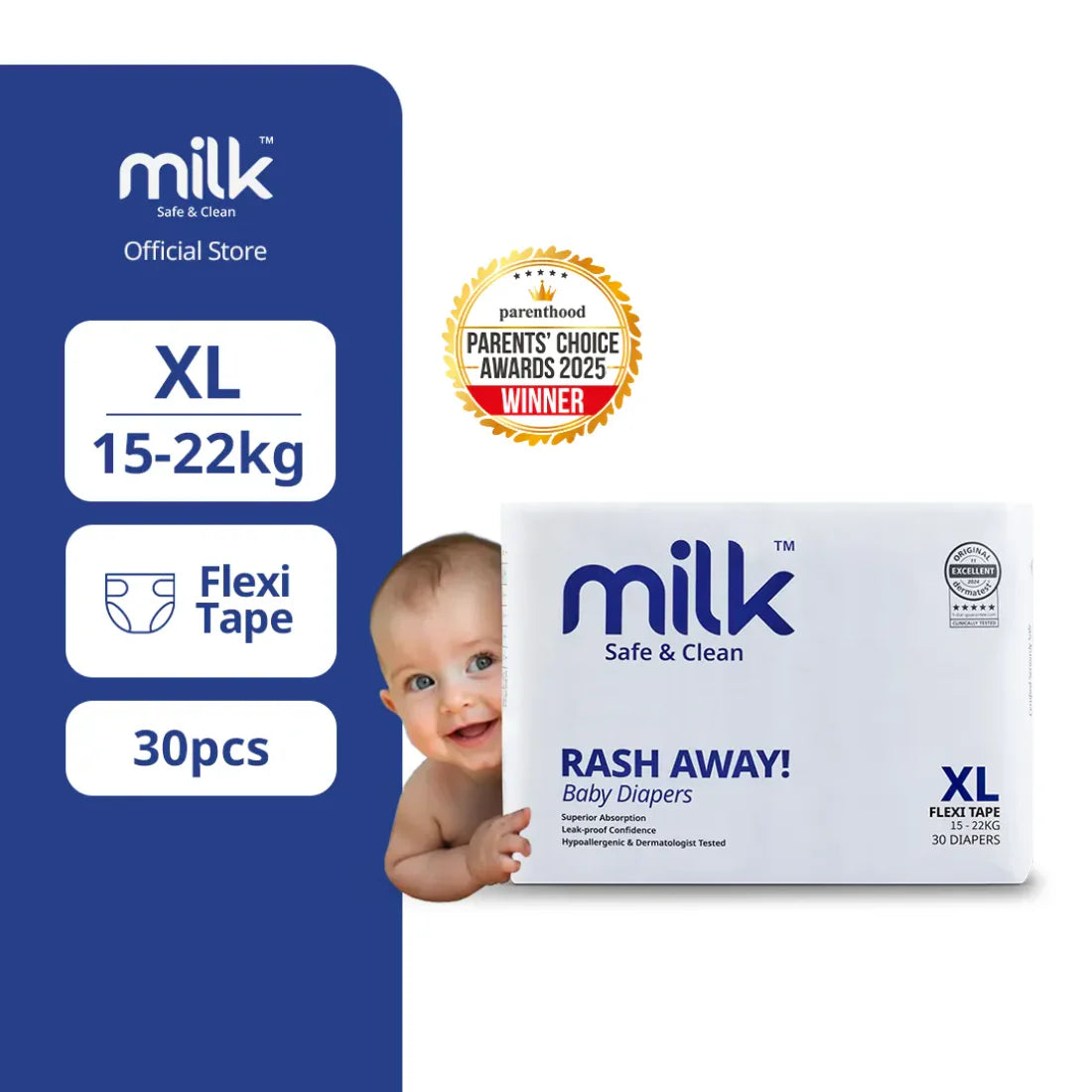 MILK Baby Diaper Flexi Tape Size 5 (XL) (30 pcs) (15-22 kg)