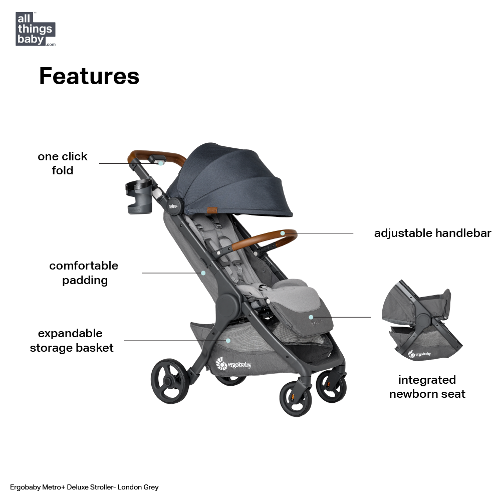 Ergobaby Metro+ Deluxe Compact Stroller - Lightweight, Travel Friendly with One Hand Fold, Near-Flat Recline, Adjustable Handlebar, Large Storage & Accessories Included, Birth to 4 Years