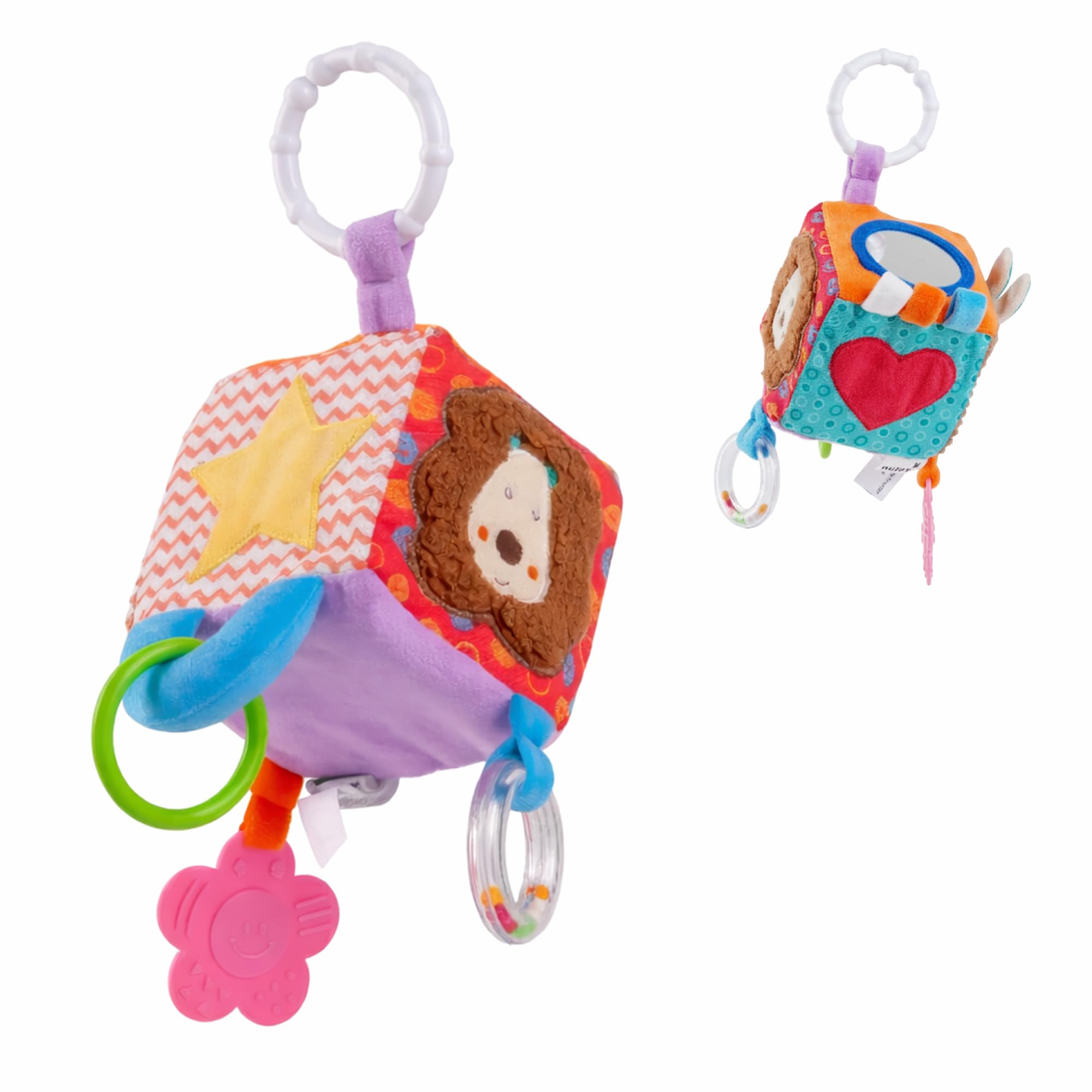 NULUV Lion Activity Cube with Teether, Mirror, Crinkle, and Rattle—Soft Sensory Toy for Babies 3+ Months.