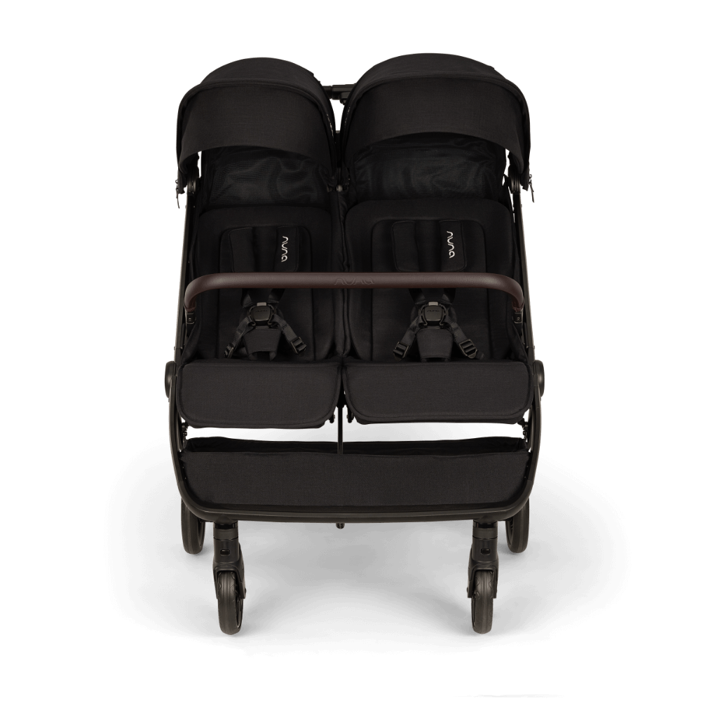 Nuna TRVL Dubl Twin Baby Stroller-Individually Adjustable Near Flat Reclining Seat-One Hand Fold-Large Storage Basket-2 Years Warranty-0 to 4Y (Upto 22 Kg)-Caviar
