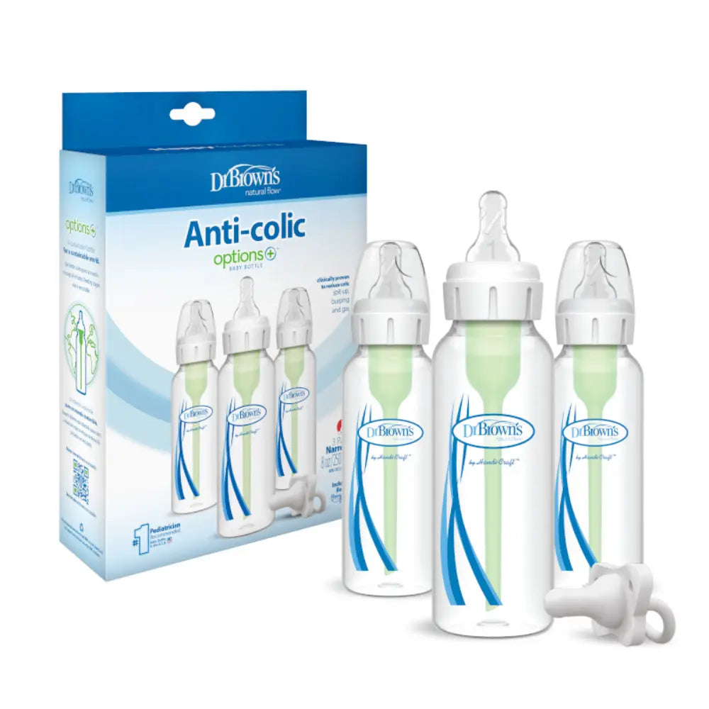 Dr. Brown's 8oz/250mL Narrow Anti-colic Options+ Baby Bottle, 3-Pack, with HappyPaci (SB83003-P3)