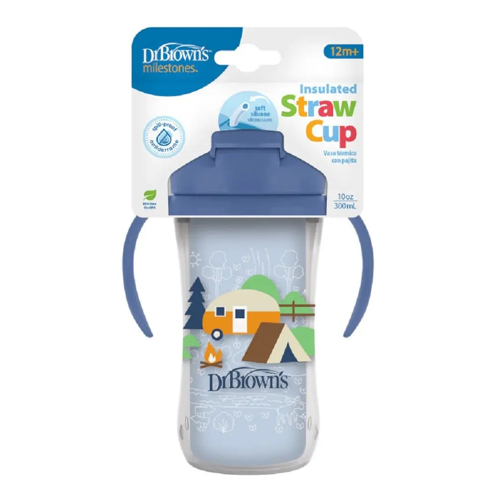 Dr. Brown's 10 oz/300 mL Insulated Straw Cup w/ Handles, Blue Camping Site (12m+), 1-Pack