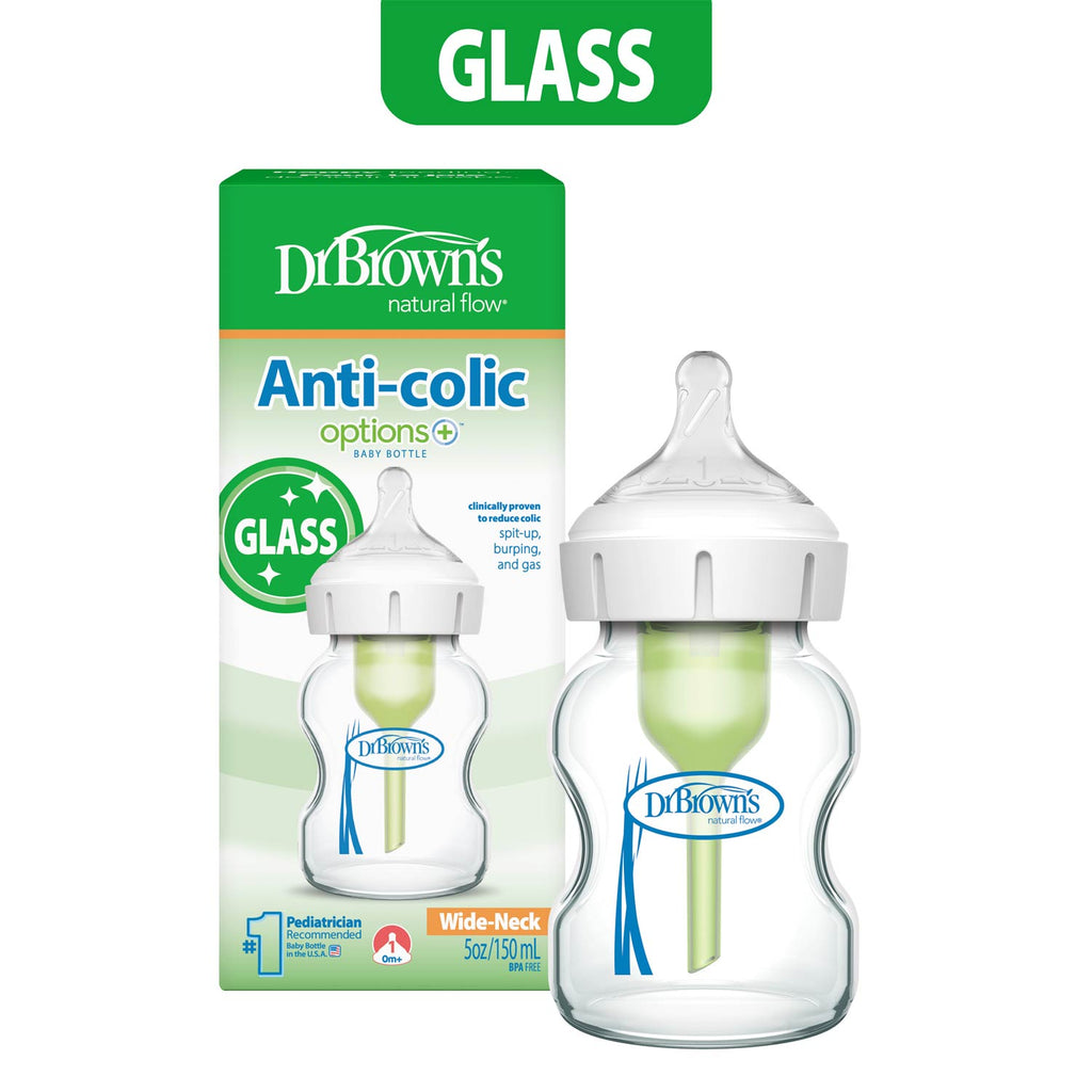 Dr. Brown's Natural Flow Anti-Colic Options+ Wide Neck Glass Baby Bottle, with Level 1 Slow Flow Nipple 150ml