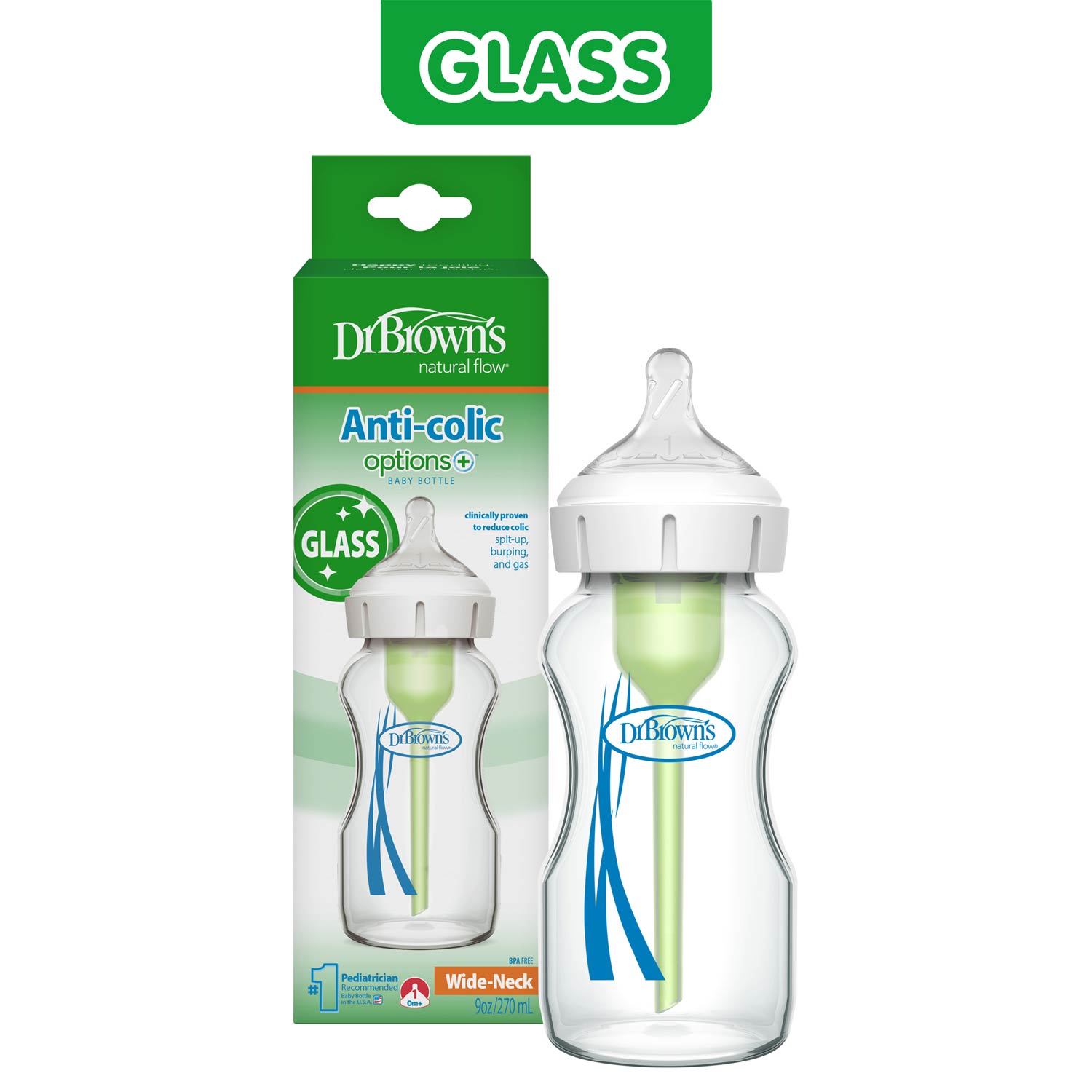 Dr. Brown's Natural Flow Anti-Colic Options+ Wide Neck Glass Baby Bottle, with Level 1 Slow Flow Nipple 270ml